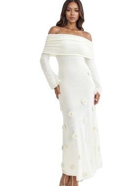 Off-Shoulder Ivory Floral Appliqué Evening Dress